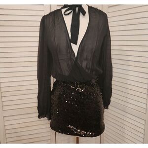 Marciano Black Sheer Dress with Sequin Skirt Size M